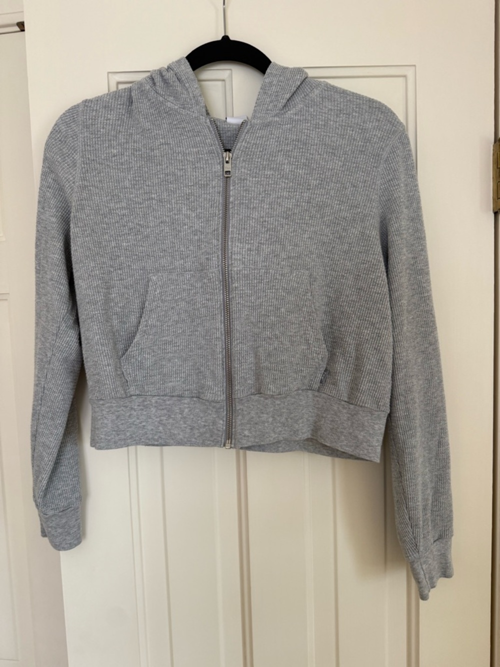 TNA Light Gray Ribbed Zip Hoodie with Gold Hardware